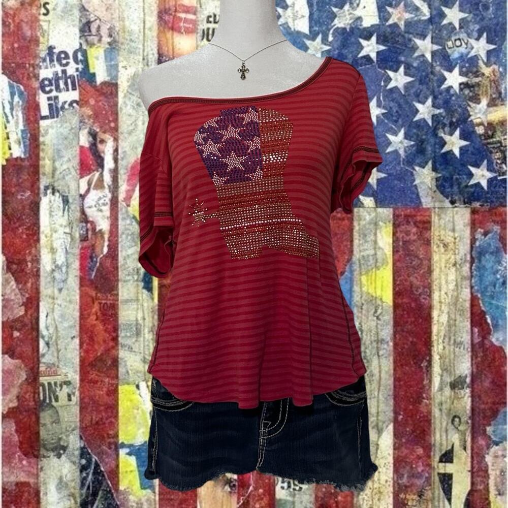 bedazzled rhinestone cowboy boot graphic pink striped top